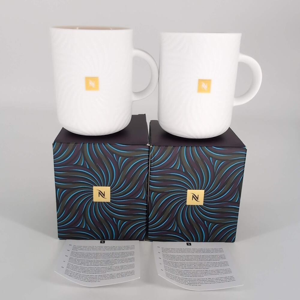 Two Nespresso Limited Edition Festive Porcelain 12.8 oz Coffee Mugs Cups - NIB